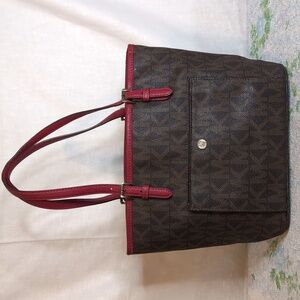 Michael Kors Jet Set Monogram Brown/Red Shoulder Tote Bag Purse